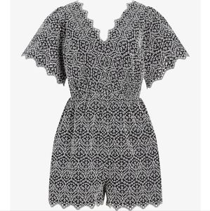 Express Scalloped Embroidered Lace Romper In Pitch Black - Size XS